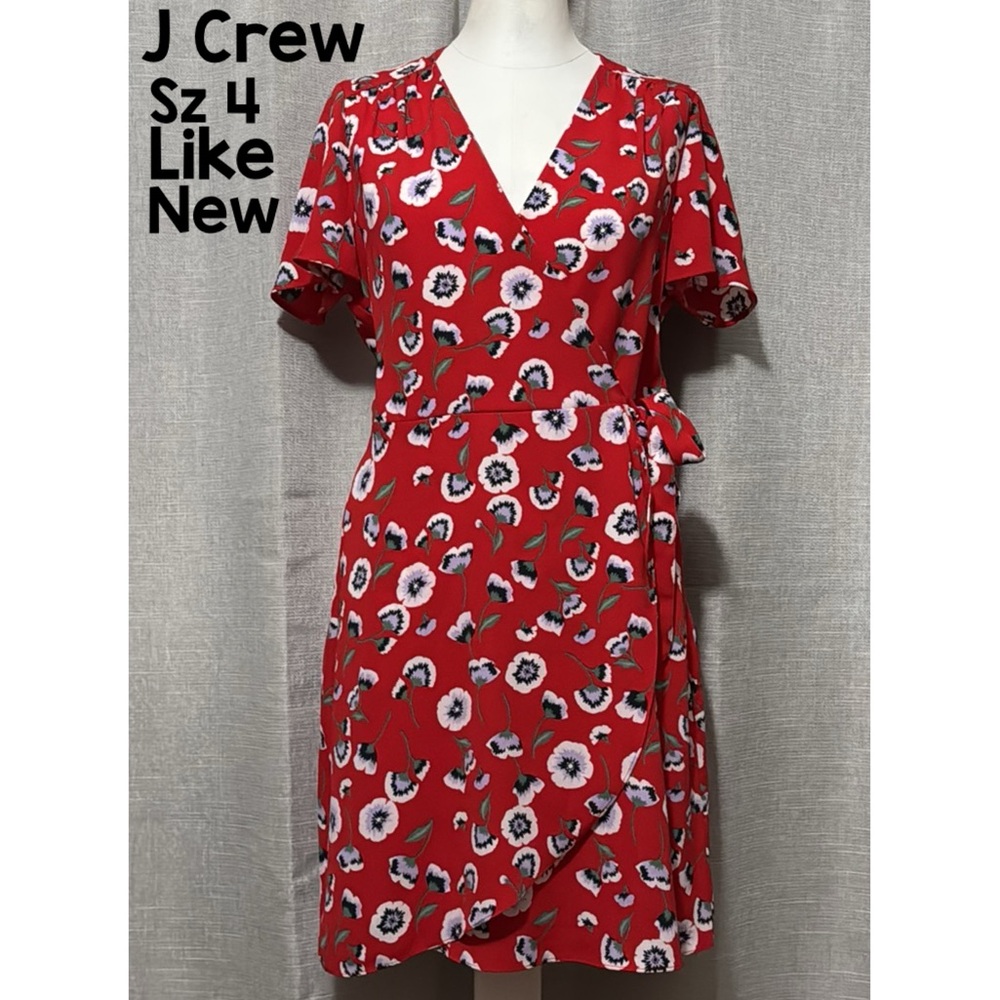 Like New-J Crew Mercantile Wrap Dress-Sz 4-Red Floral-V Neck/Eye Hook-Waist Tie